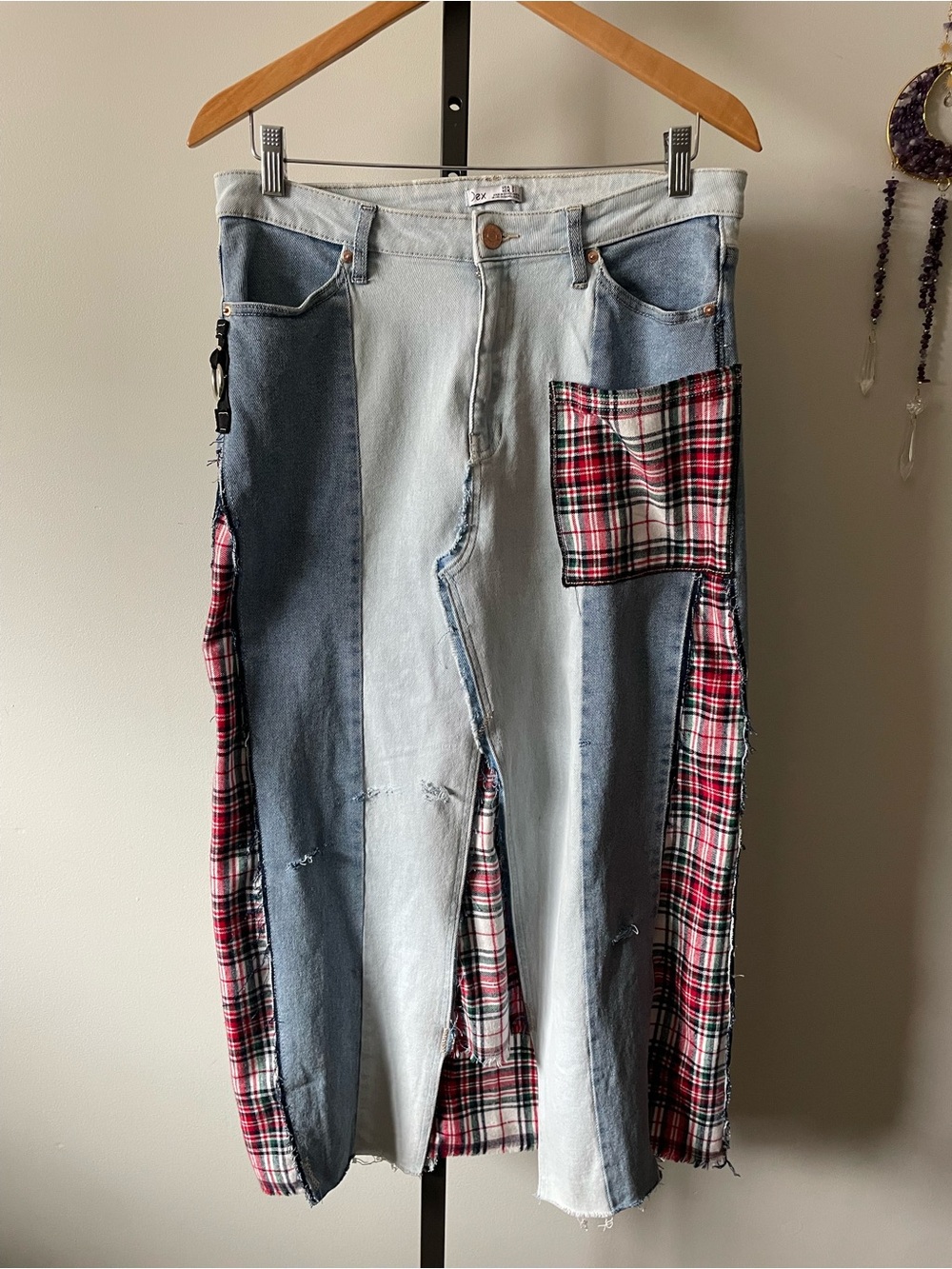 Upcycled Deconstructed Dex Denim Skirt Plaid Distressed Grunge Indie Sleeze